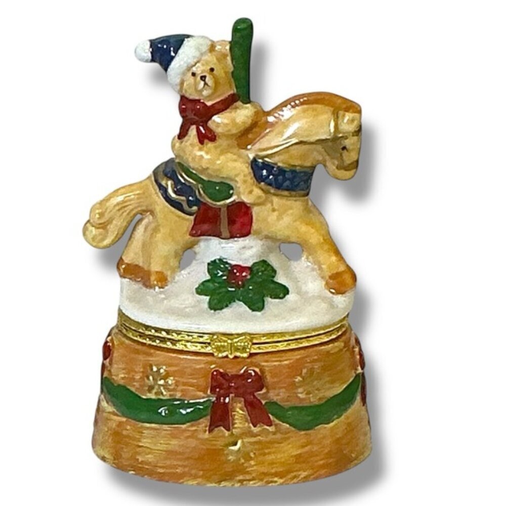 Vintage Hand Painted Trinket Box Hinged Christmas Santa Bear Carousel Horse 1990 - Picture 2 of 16